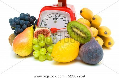 Fresh Juicy Fruits And Red Scales. White Background.