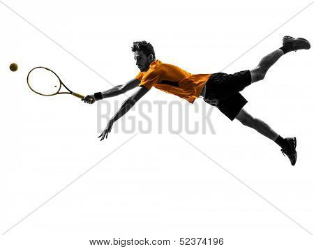 one  man tennis player in silhouette on white background