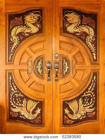 Wood Door With Dragons And Swans Design