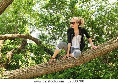 Teenager with sunglasses sit on a huge branch
