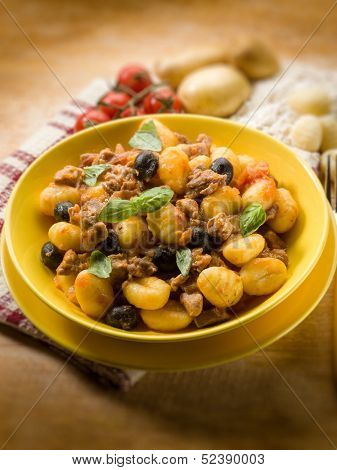 homemade gnocchi with ragout sauce, selective focus