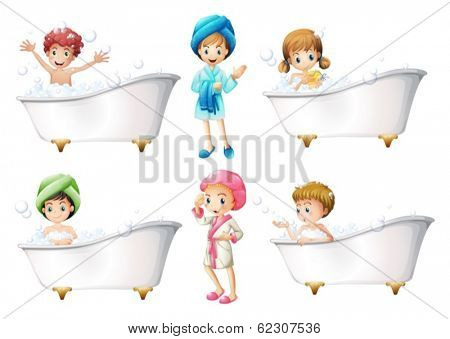 Illustration of the children taking a bath on a white background