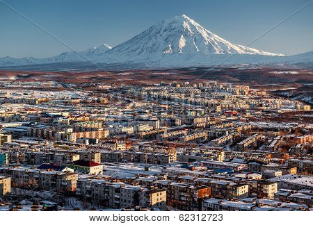 Petropavlovsk-kamchatsky Cityscape And Koryaksky Volcano At Sunrise. Far East, Russia