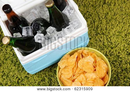 Ice chest full of drinks in bottles on color carpet background