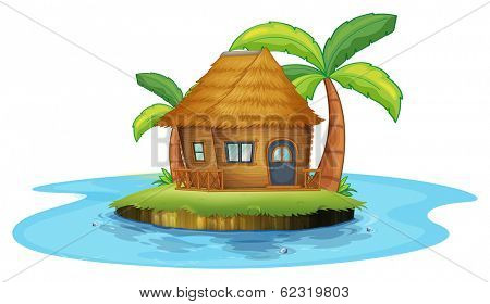 Illustration of an island with a small nipa hut on a white background