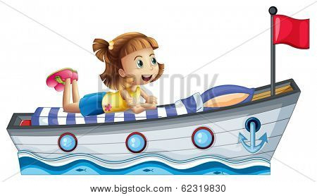 Illustration of a girl lying above the ship with a red flag on a white background