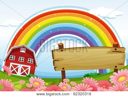 Illustration of an empty wooden signboard at the farm and a rainbow uphigh