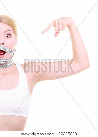 Obsessed Girl With Gray Measure Tapes Around Her Head