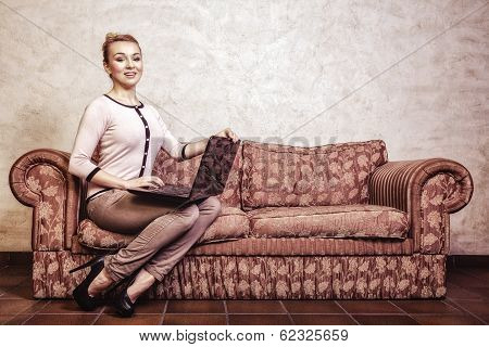 Business Woman Using Computer. Internet Home Technology. Vintage Photo.