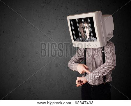 Business man with monitor screen on his head traped into a digital system concept