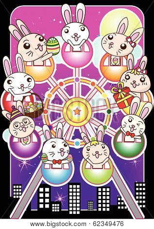 Happy Easter bunny at ferris wheel , building and night