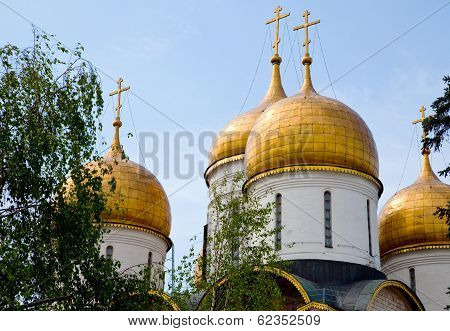 Onion domes of Cathedral of the Assumption Moscow Kremlin in  Russia