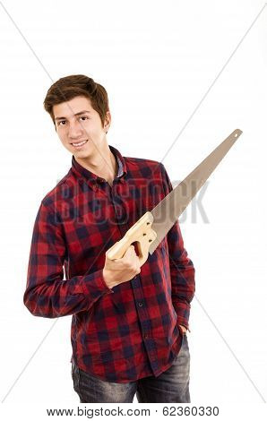 man with a saw on a white background