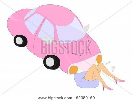 Cartoon Car And Its Woman