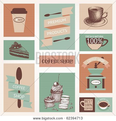 Graphic set of vintage coffee cards