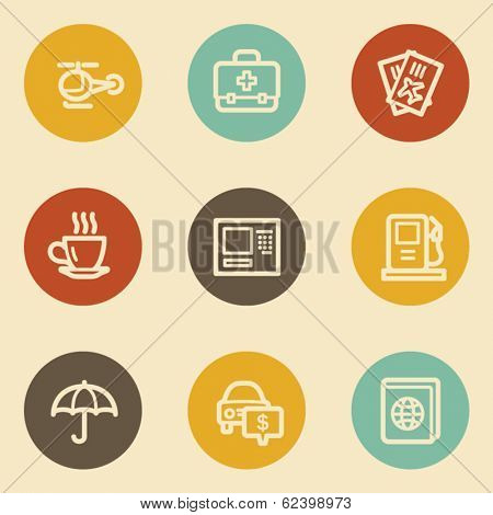 Travel web icon set 4, retro circle buttons