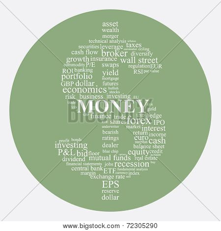 Money and Investing concept illustration in a dollar shape word collage