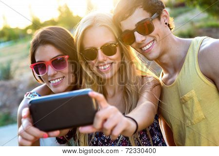 Group Of Friends Taking A Self Portrait In The Park.