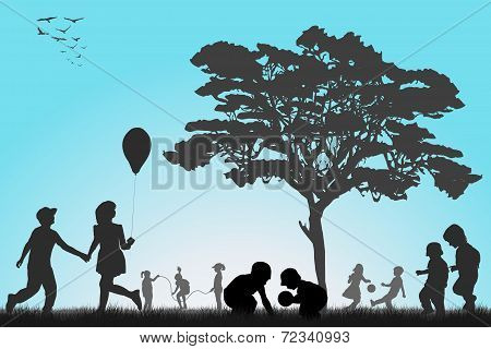Silhouettes Of Children Playing Outside