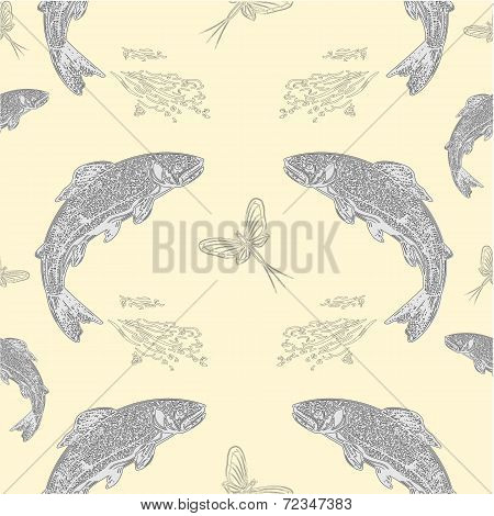 Seamless  Texture Leaping Salmon Vintage Engraving  Vector