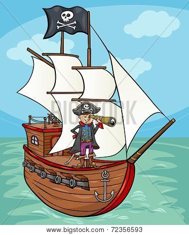 Pirate On Ship Cartoon Illustration