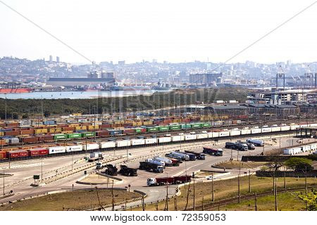 Containers Against Durban Harbor And City Skyline