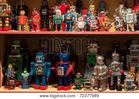 Vintage Tinplate Robots On Display At Homi, Home International Show In Milan, Italy