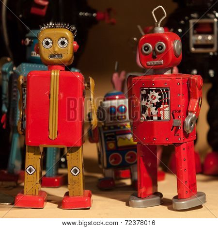 Vintage Tinplate Robots On Display At Homi, Home International Show In Milan, Italy