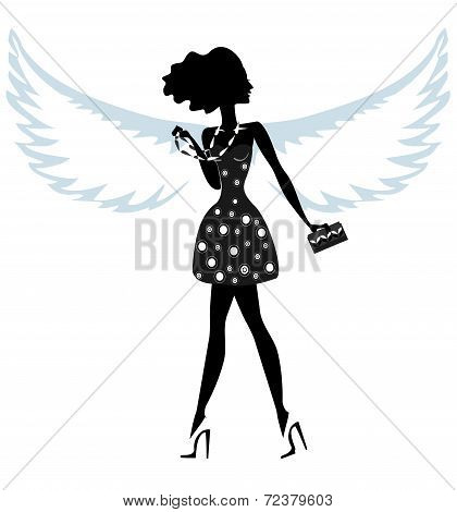 Silhouette of a Young Woman with Angel Wings