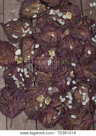 autumn leaves on wooden table, background