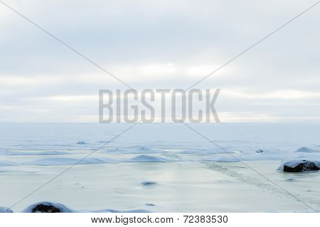 Frozen Icy Coastline Of The Bay