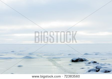 Frozen Icy Coastline Of The Bay