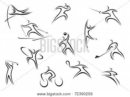 Set of line drawing sportsman characters