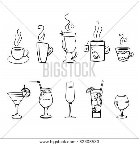 Set of vector sketchy drinks