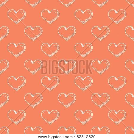 Hand drawn heart on red background seamless pattern.