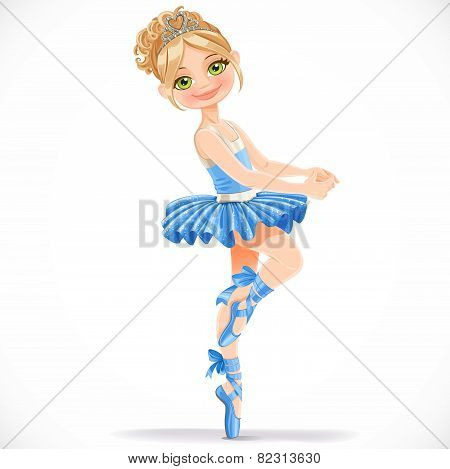 Prettyl Ballerina Girl Dancing In Blue Dress Isolated On A White Background