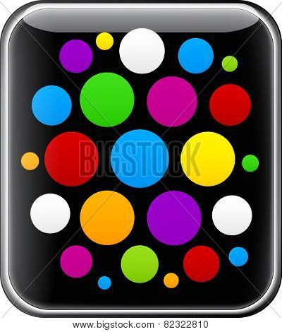 Glossy gadget with colorful circles. Cloud of menu icons. Vector illustration.  