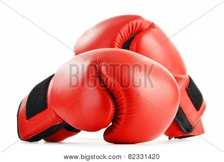 Pair Of Red Leather Boxing Gloves Isolated On White
