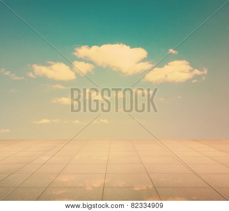 blue sky and miror floor, cloudy background, retro film filtered, instagram style 