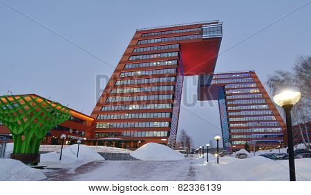 NOVOSIBIRSK, RUSSIA - DECEMBER 18, 2014: Building of Information Technology Center in Akademgorodok. The building completed in 2013 become one of the symbols of Novosibirsk technopark