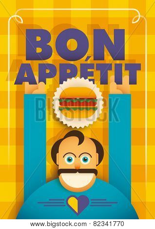 Fast food background with comic guy. Vector illustration.