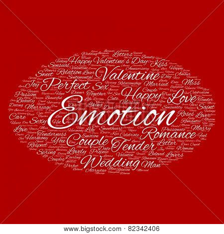Cconcept or conceptual white wordcloud text in shape of ellipse symbol isolated on red background, metaphor to love, romance, passion, romantic, emotion, marriage, valentine, desire or affection