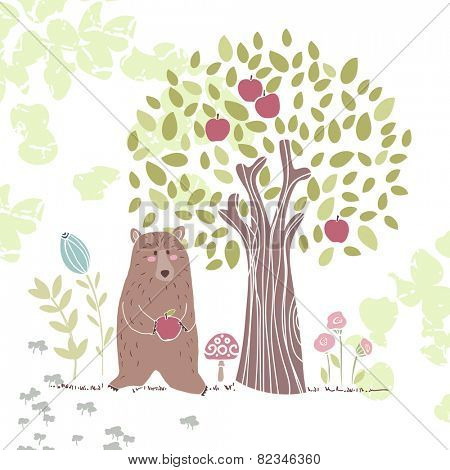 forest theme, bear with apple