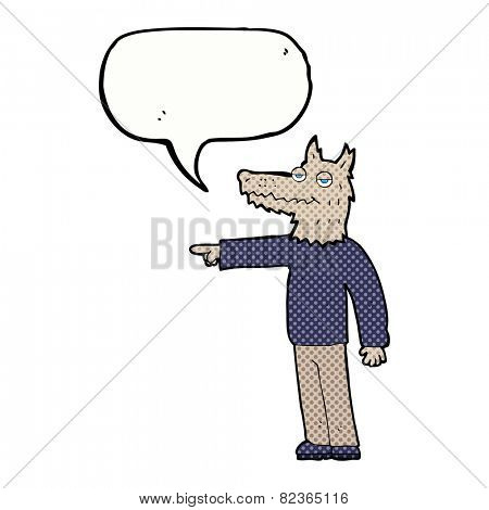cartoon wolf man pointing with speech bubble