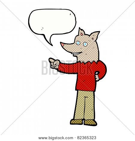 cartoon wolf man pointing with speech bubble