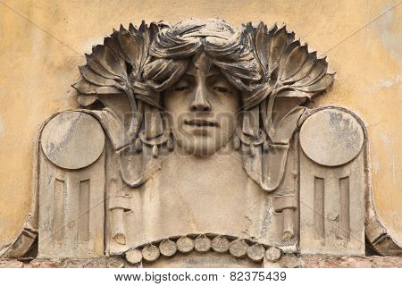 Mascaron on the Art Nouveau building in Prague, Czech Republic.