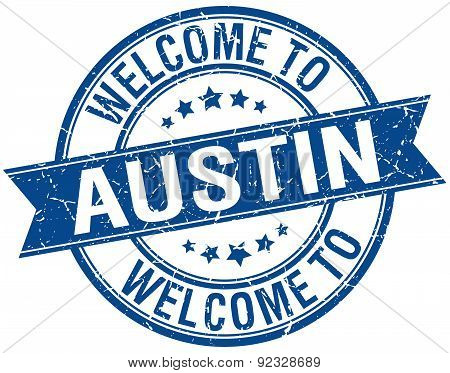 Welcome To Austin Blue Round Ribbon Stamp