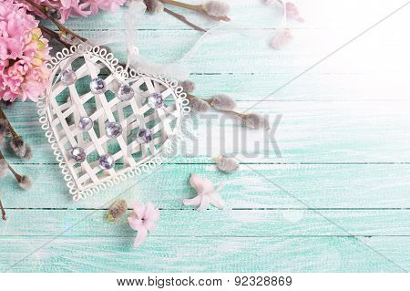 Postcard With Hyacynths, Willow Flowers And Heart