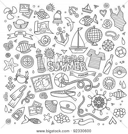 Marine nautical hand vector symbols and objects