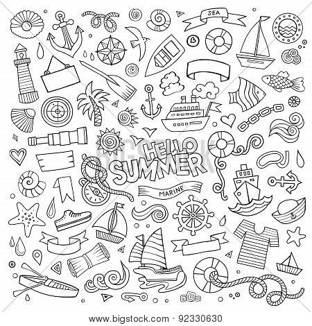 Marine nautical hand vector symbols and objects